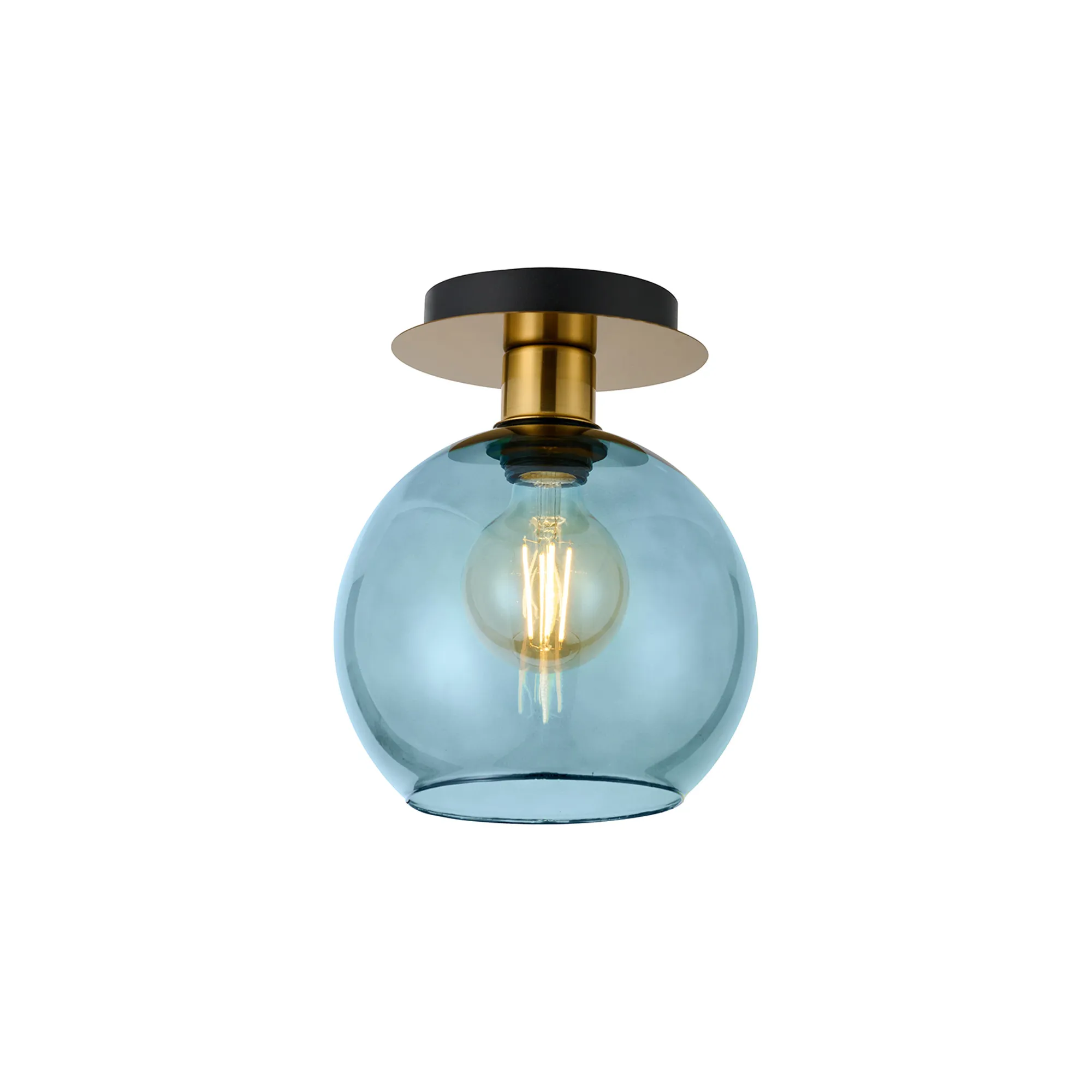 DK1237  Lori 15cm Round Ceiling Flush, 1 Light Flush Fitting E27, Antique Gold/Blue Open Mouth Round Globe Shades